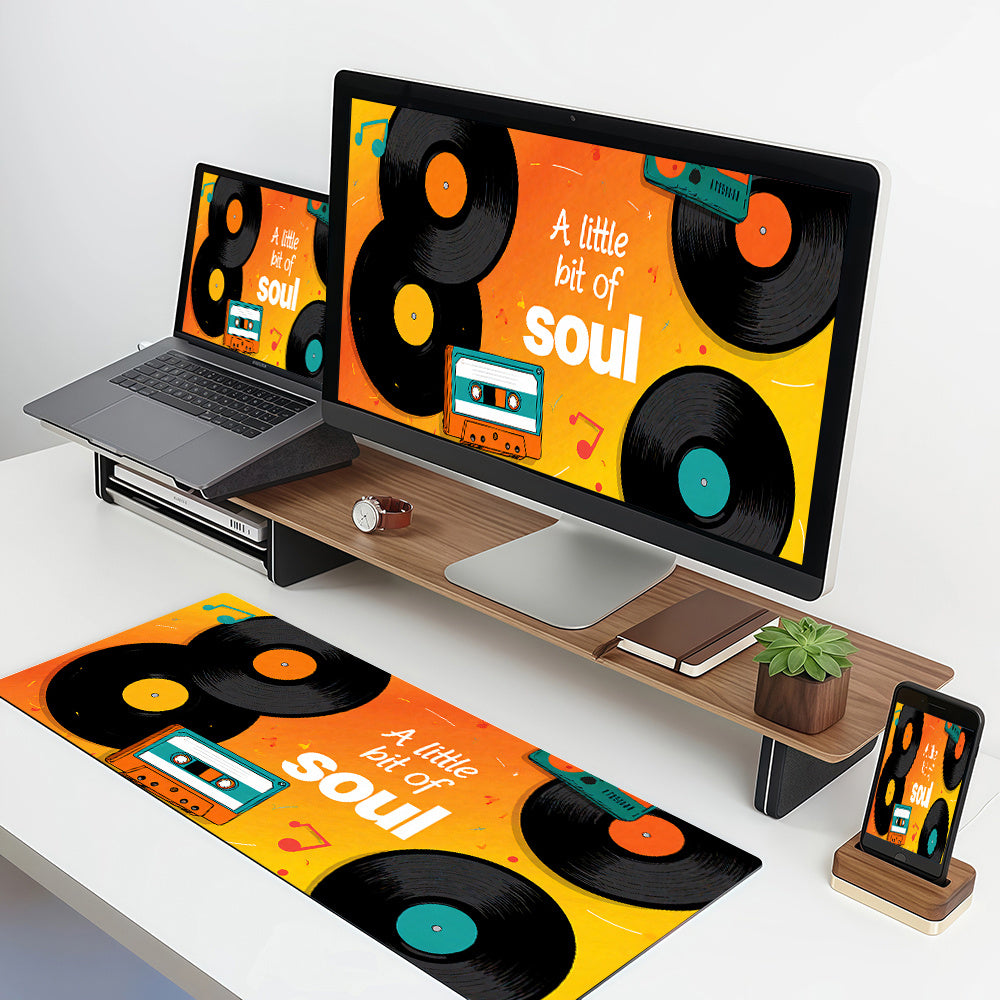 1pc Large Retro Vinyl Record Gaming Mouse Pad & Desk Mat - Soul Music Theme with "A Little Bit of Soul" Text, Vinyl & Cassette Design, Non-Slip Rubber Base, Smooth Surface for PC/Laptop, Ideal Gift for DJs, Musicians, Gamers