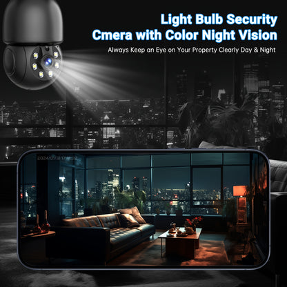 2K FHD Smart Bulb Security Camera - Wireless Indoor Light Socket Cam With 360° Panoramic PTZ, 5G/2.4G WiFi, Motion Tracking & Auto Alerts, Color Night Vision & Two-Way TalkFHD