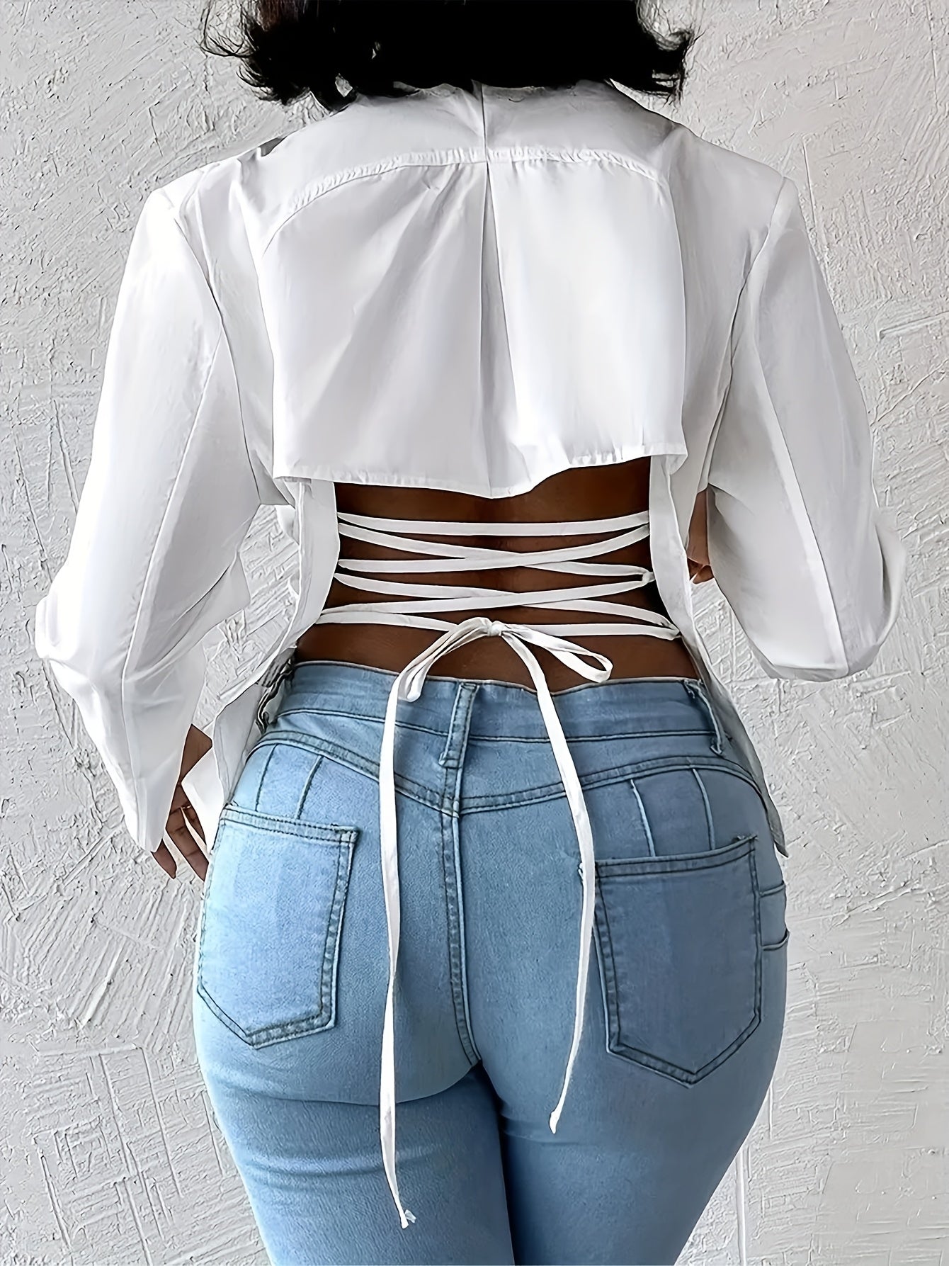 Women's Elegant White Blouse with Crisscross Back & Adjustable Waist Tie - Long Sleeve X-Silhouette Top, Machine Washable Spring Office Wear, Casual Chic | Singlesleeve Design