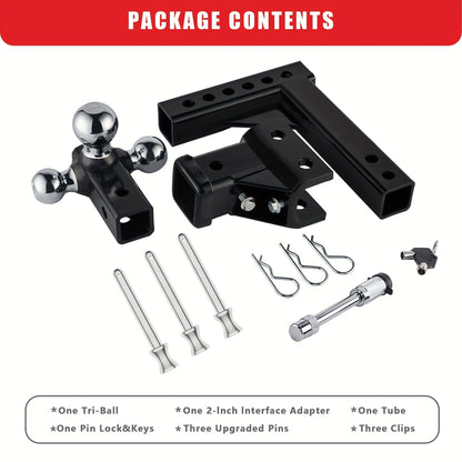 TYT Adjustable Trailer Hitch Ball Mount, Tri-Ball (1-7/8'' X 2'' X 2-5/16''), Fits 2'' Receiver, 5'' Rise/Drop Hitch, Hitch for Heavy Duty Truck, Solid Ball Mount, 10000 LBS GTW, BLACK