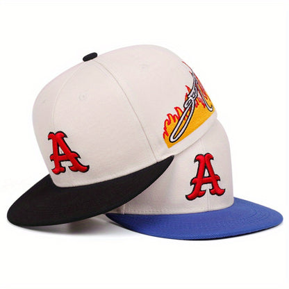 [Lightweight Design] Stylish Snapback Caps with Red 'A' Emblem & Flame Motif - Sporty Design, Trendy Appeal, Polyester Material, Black & White Color Scheme, Casual Headwear | Trendy Snapback | Durable Headgear