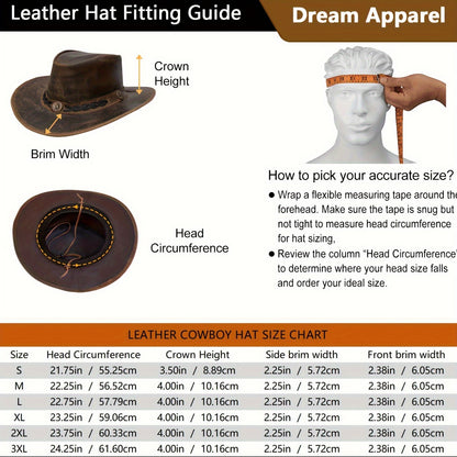 Brown Leather Cowboy Hat For Men Women Western Australian Outback Hat With Shapeable Wide Brim, Aussie Style Genuine Leather Hat