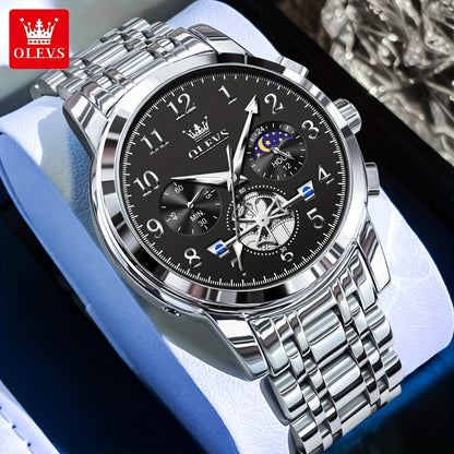 OLEVS Men's Luxury Multifunctional Quartz Watch - Stainless Steel Luminous Analog Watch with Moon Phase, Chronograph, Date/Day/24H Indicator, Golden-Tone & Bracelet for Business, Casual, Casual Attire - Dress Watch