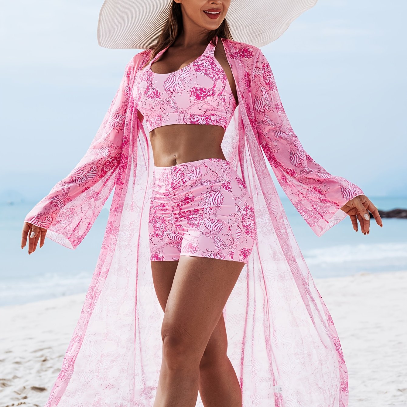 1012 2025 new fashion bikini three-piece blouse, Poolside Attire, Summer Fashion, Chic Blouse, Modern Swimwear, Stretchy Fabric, Breathable Material, Bikini Top, Swim Blouse, Beach Lovers