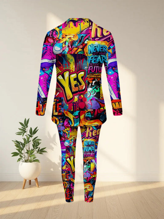 Women's Trendy Full Print Street Art Collage long sleeves and trousers Set, Colorful Street Art Collage Long-Sleeve Pants Outfit for Party Events, Travel And Gatherings Two-Piece Long Sleeve Trouser Ensemble Suitable for Dail