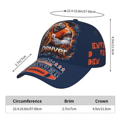Dark Blue-Orange Football Wolf Player Flame Graphic Fan Baseball Cap - 100% Polyester Breathable Adjustable Comfort Cap