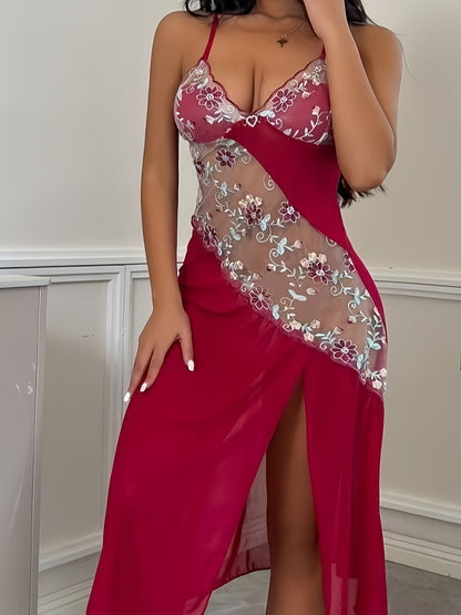 Sexy Lace Splicing Perspective Nightdress | Sexy and Thin Slim Long Loungewear, Flower Embroidered Suspender Pajamas, Sexy Split Design to Enhance Charm, Comfortable and Light Fabrics, Elegant Style, Recommended for Valentine
