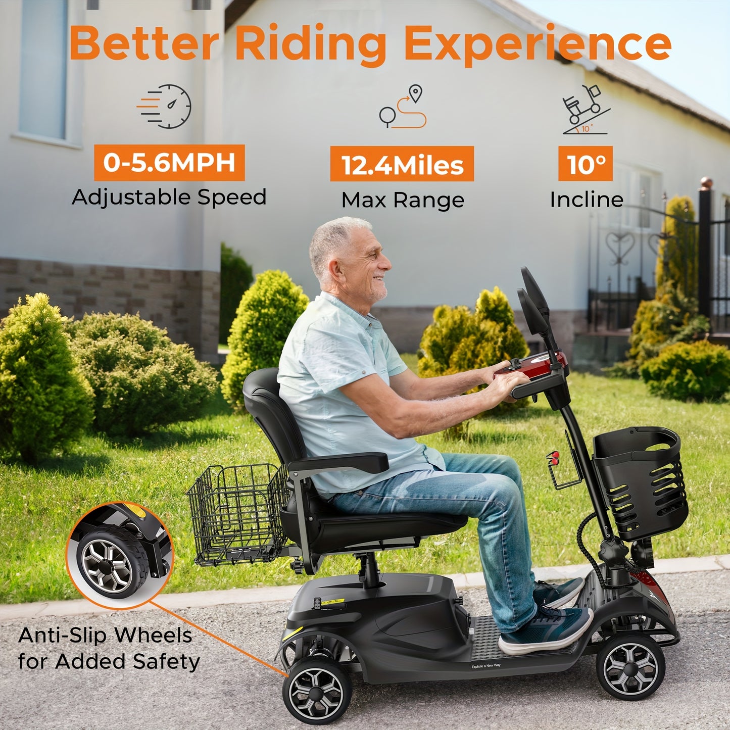 ENGWE Ease 3 4-Wheel Mobility Scooter, 250W Motor, 5, 6MPH Speed, 24V 12AH Battery, 330lbs Capacity, Solid 8"x3" Tires, 10° Incline Support, Rearview Mirrors, Dual Baskets, Cup Holder, Foldable & Adjustable Design, Safe, Sta