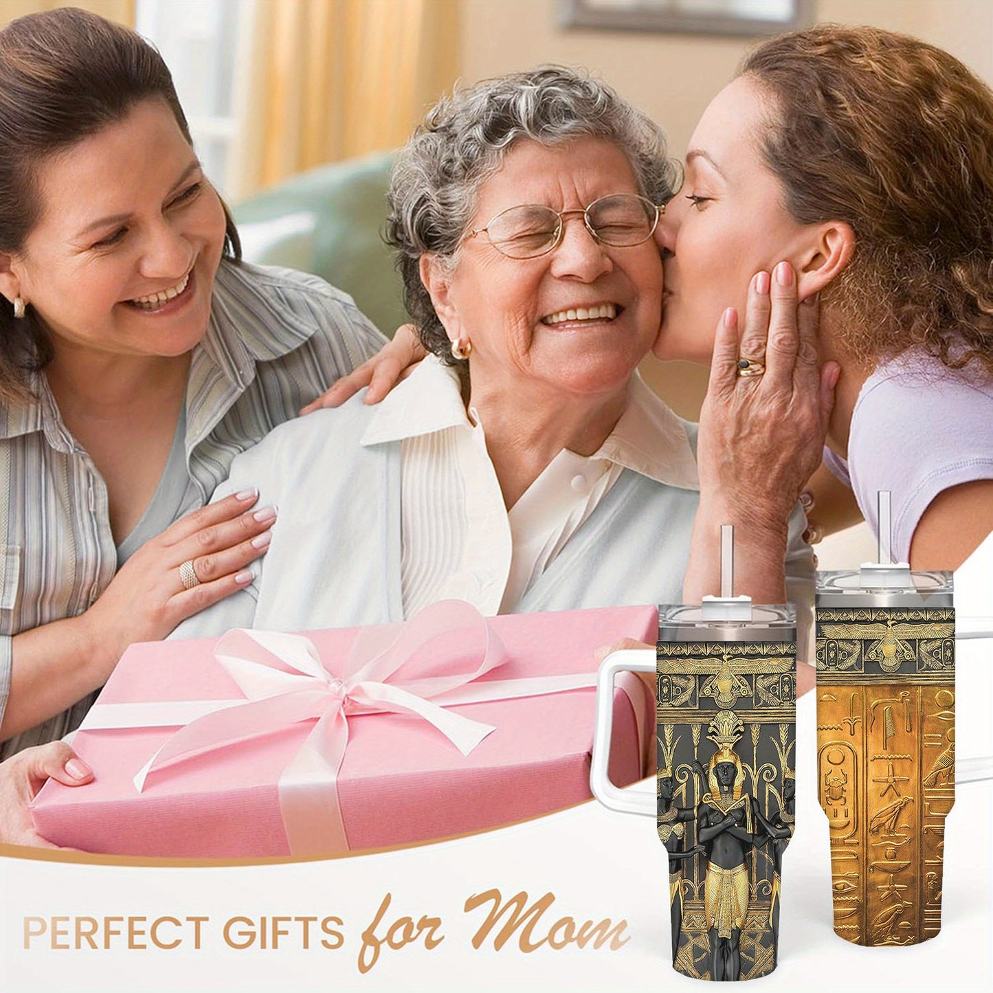40oz Egyptian Art Style Tumbler, Double Wall Vacuum Insulated Travel Mug, Spill Proof Lid, Perfect Gift for Dad, Mom, Ideal for Christmas, Thanksgiving, Valentine's, Mother's, Father'S Day, Gift for birthday, Coffee Cup