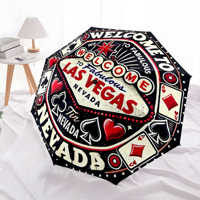 Las Vegas-Themed Open/Close Umbrella with Folding Mechanism - Heavy-Duty 8-Rib Iron Frame, All-Weather Portable Travel Umbrella with Design (Hearts, Spades, Dice, Poker) - Compact & Sturdy for Home, Travel, Outdoor - Ideal Gi