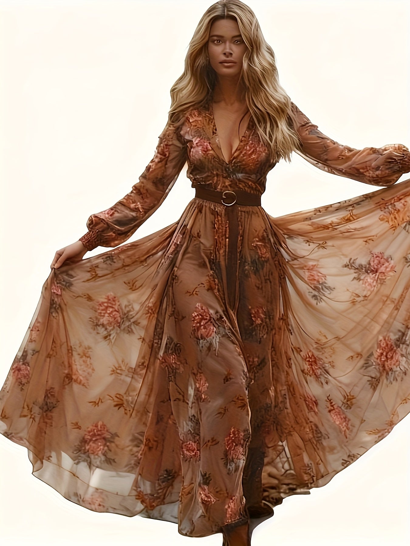 Brown Tone Deep V Floral Print Long Dress, Long Sleeve Vintage Romantic Style, Autumn Forest Artistic Outfit, Natural Flowy Long Dress, Oil Painting Texture Dress