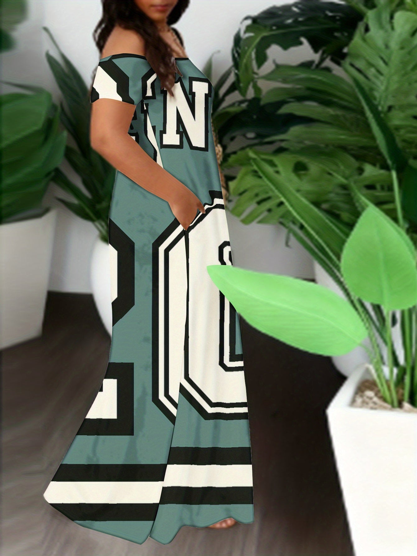 Plus Size, Elegant Off-Shoulder/One-Shoulder Maxi Dress - Teal & White Jersey Print Beach Wedding Guest Dress, Prom Dress, Year-Round Wear - Machine Washable Loose Fit Long Maxi Dress with Shortened headpiece Compatible for c