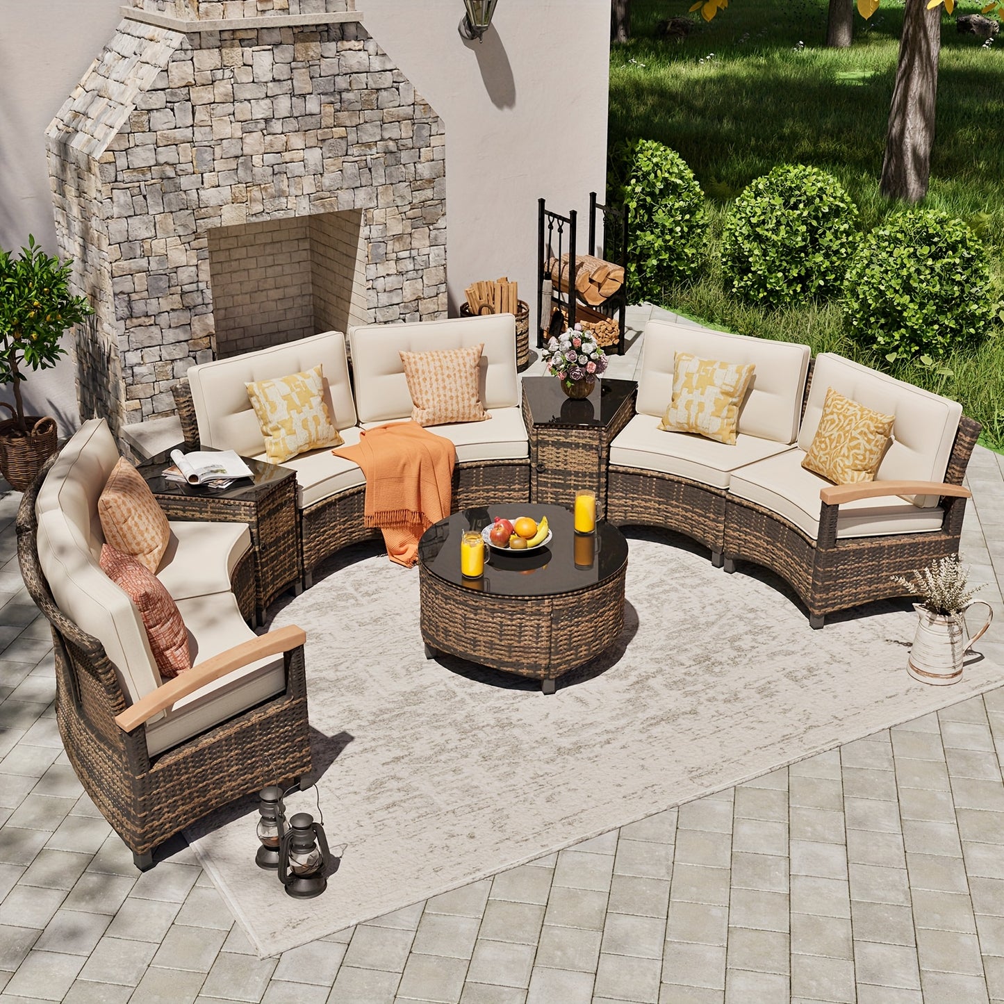 8-11pcs Outdoor Patio Furniture Set, Half-Moon Curved Sectional Sofa Rattan Patio Conversation Set with Wood Armrests for Porch, Backyard - Tempered Glass Round Coffee Table & Side Table, Patio Furniture And Decor, Patio Set,