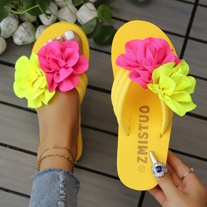 Women's Slip-On Floral sandal - Slipresistant Rubber Sole, Pink & Yellow Floral pattern, Cushioned insole - All-Season Beach, Casual, Formal Footwear - Easy-Clean Women's Shoes