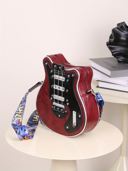 Women's & Unisex Y2K Retro Music-Themed Bass Guitar-Shaped Crossbody Bag with Detachable Strap, Golden-Tone Hardware & Zipper Closure - Band Style Handbag for Musicians & Music Lovers (Red/Black) - 2024 New Design with Chain