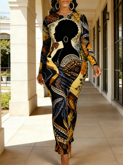[Women's Dress] Spring/Summer Women's Long-Sleeved Bodycon Dress, African Batik Geometric Print, Elastic Waist for a Flattering Figure, Ethnic Style Outfit for Holidays and Parties, 2026 Early Spring New Arrival