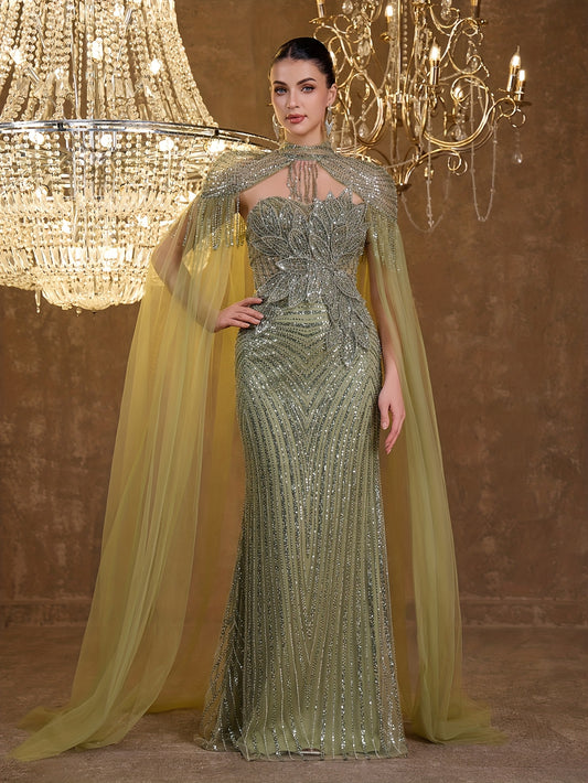 An Elegant And Sexy Evening Gown Featuring a High Neckline, 3D Petal Appliqués, And Flowing Tassels, Adorned with Sequins And Lace on The Bodice
