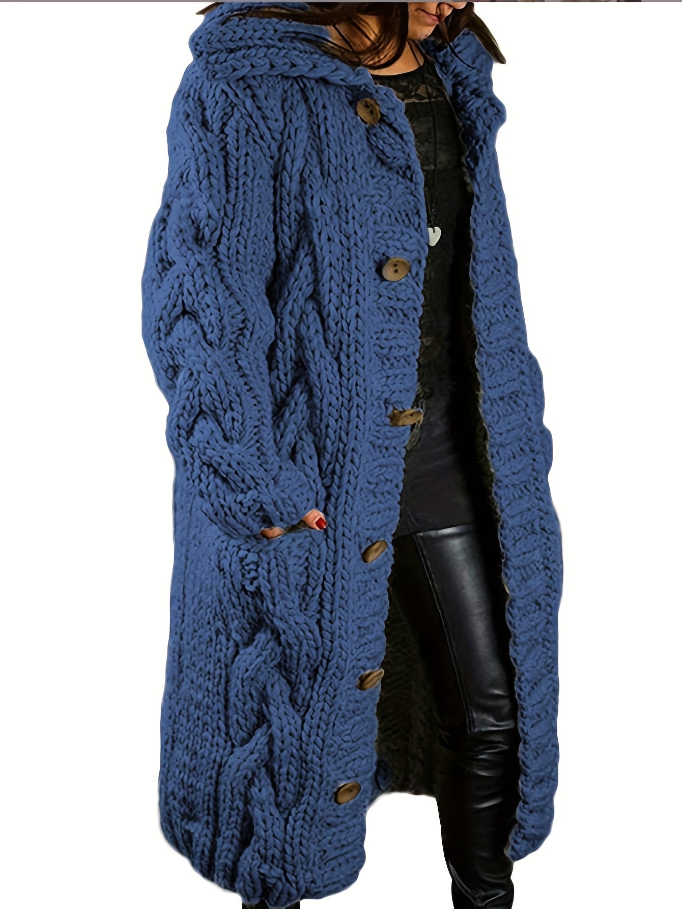 Plus Size - Cardigan for Women in Fall And Winter - Casual Plus Size, Oversized Design with Long Sleeves Featuring a Cable Pattern, Single Row of Buttons, Pockets, And a Long Length. Made from Soft Fabric, It Can Be Hand Wash