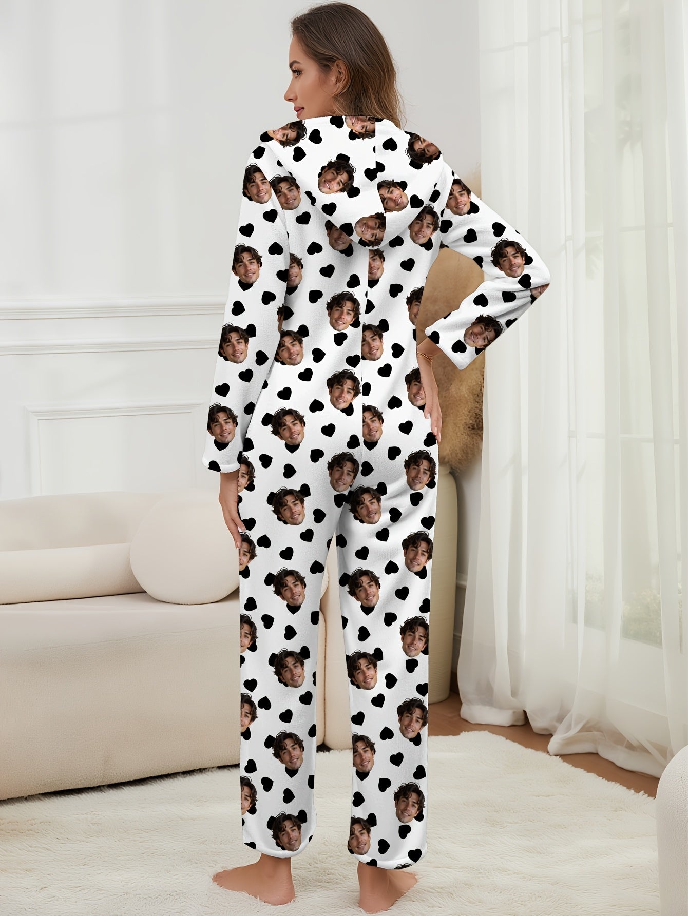 Custom Women'S Onesie Pajamas - Flannel Fleece Lined Heart Print | Zippered, Warm & Thick Loungewear | Customizable With Idol Merch, Face, Anime & Pet | Creative Christmas Gift/Couple Memorial | Perfect For Parties, Birthdays
