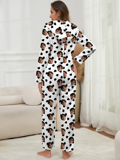 Custom Women'S Onesie Pajamas - Flannel Fleece Lined Heart Print | Zippered, Warm & Thick Loungewear | Customizable With Idol Merch, Face, Anime & Pet | Creative Christmas Gift/Couple Memorial | Perfect For Parties, Birthdays