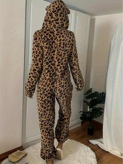 Thickened And Fleece-Lined Onesie for Autumn And Winter, Featuring a Cute Leopard Print with a Hood And Ears, Perfect for Cozy Home Wear