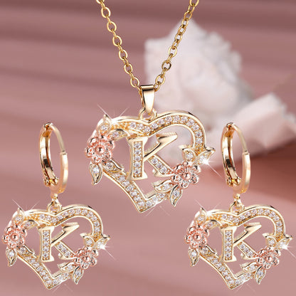 3pcs Women's Initial Jewelry Set - Heart-Shaped Interlocking Link Necklace & Earrings with 26-Letter Monogram, Elegant Golden-Tone -Accented Letters, Dainty Everyday Gift for Mother's Day, Graduation, Birthdays (Pink & Clear
