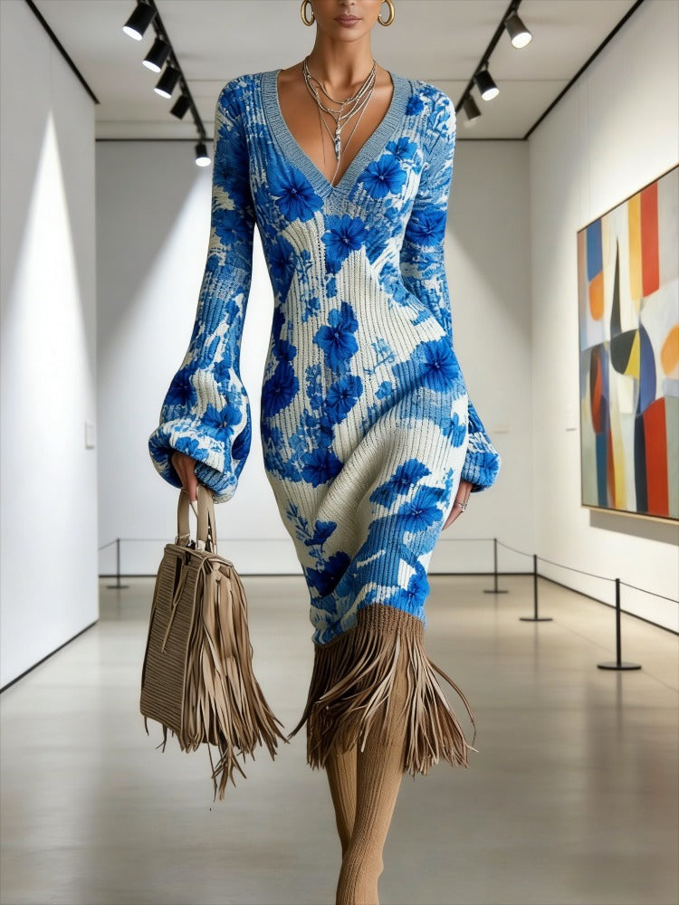 Cross-border New Autumn And Winter Sweater Dress, Floral Flower Printing, Sexy V-neck Long-sleeved Design, Fringed Hem Embellishment, Warm And Thin Temperament Commuter Bottom Dress