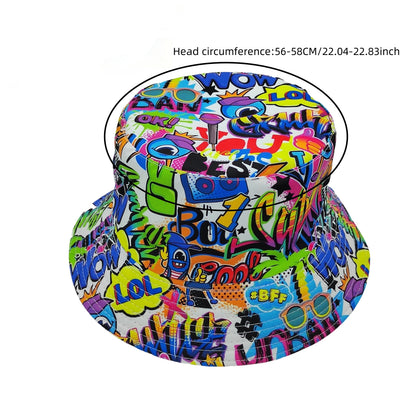 Bucket Hat - Unisex - Graffiti Print - Reversible Closure - Hand Washable - 100% Polyester Lightweight Fabric - Tie-Dye Pattern - Handmade Printing - All-Season Outdoor Fashion Accessory - For New Year Celebration