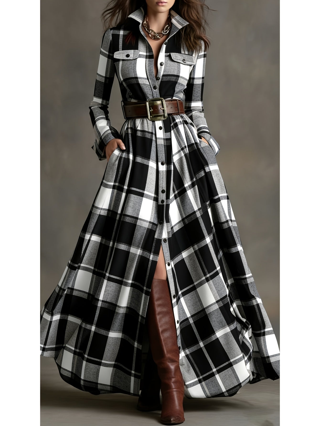 Women'S Brown, White, Black & Gray Plaid Waist-Cinched Maxi Dress | Retro Modern Style, Suitable for Daily Streetwear, Luxury Social Events, and Casual Occasions
