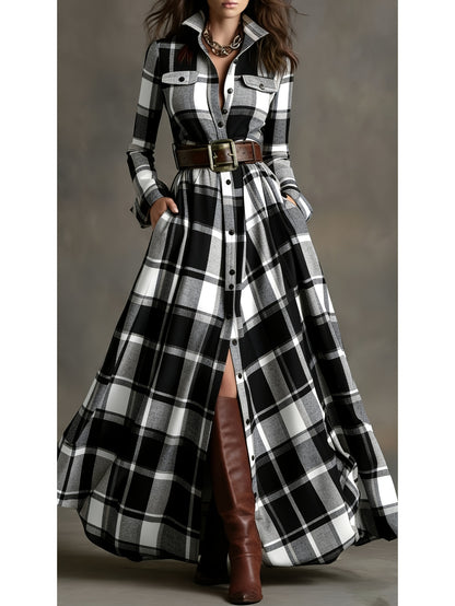 Women'S Brown, White, Black & Gray Plaid Waist-Cinched Maxi Dress | Retro Modern Style, Suitable for Daily Streetwear, Luxury Social Events, and Casual Occasions