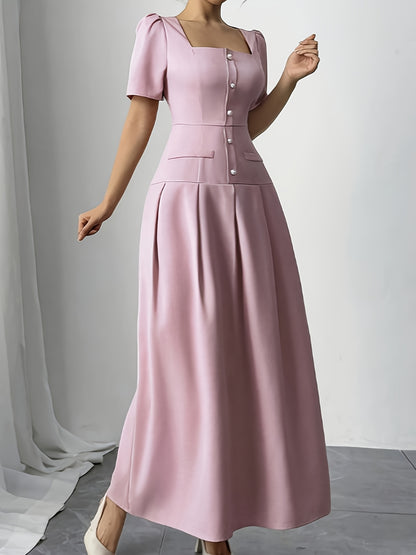Women's 2026 Summer Elegant Minimalist Square Neck Puff Sleeve Waist Cinched Slim Fit Maxi Dress