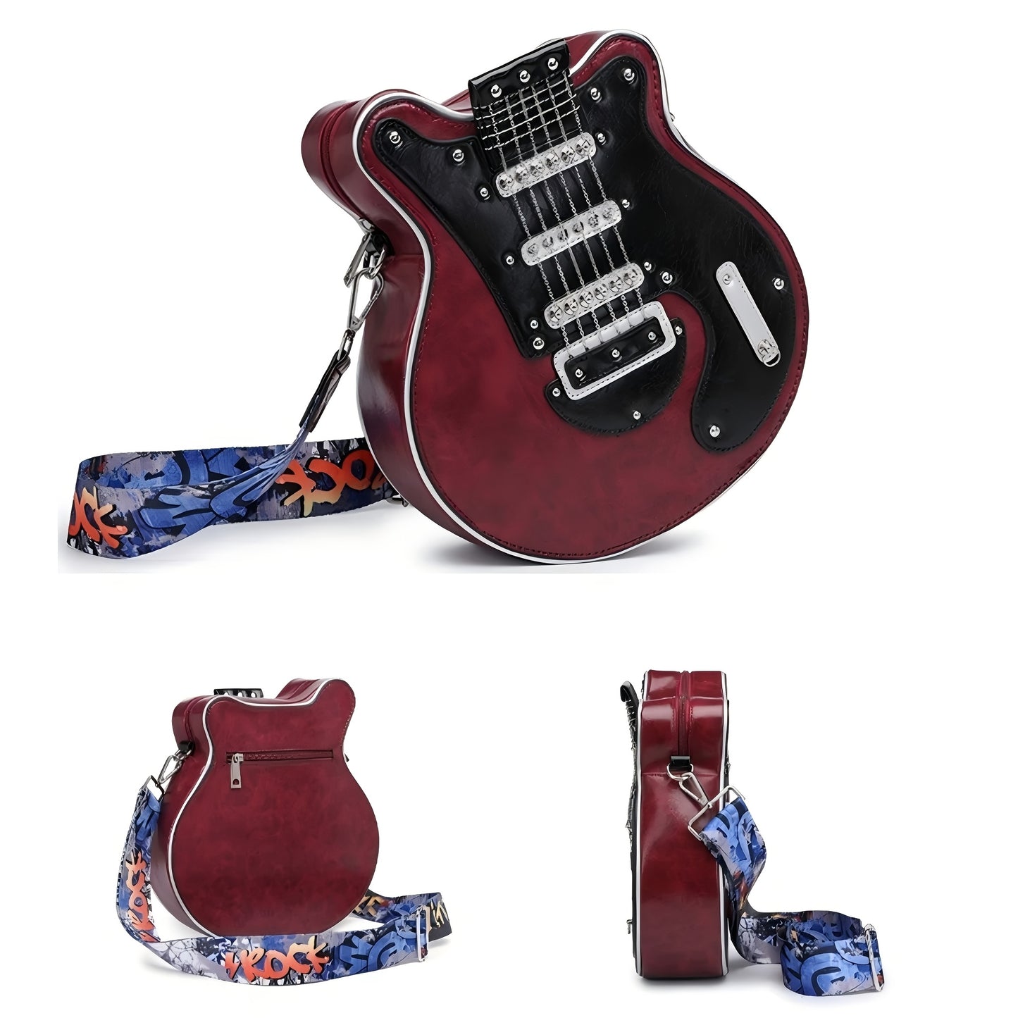 Creative Guitar-Shaped Crossbody Bag - High-Quality with Adjustable & Detachable Strap (35.4"-62.2"), Zipper Closure, Spacious Compartment & Hidden Pockets - Retro Unisex Design for Daily Use, Concerts, Travel - Olive/Red/Blu