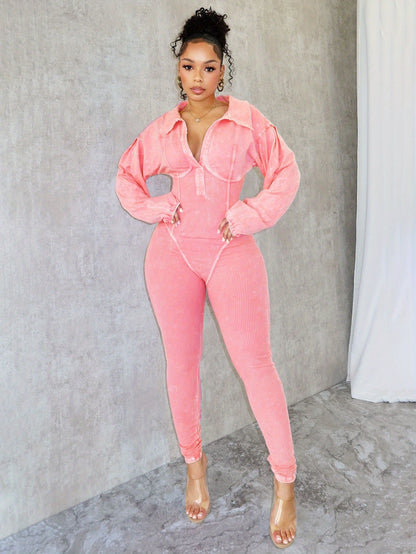Fashion Women's Clothing Washed and Distressed Sexy Deep V Tight Long Sleeve Autumn and Winter Jumpsuit
