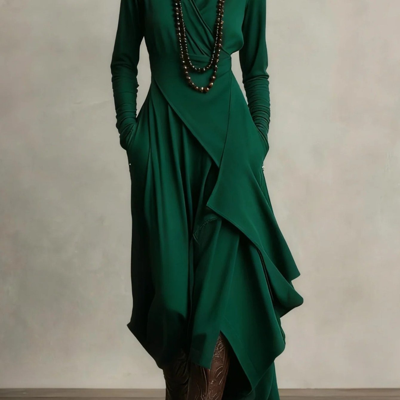 Plus Size - HERTALK Women'S Solid Color Long-Sleeved Cross High-Neck Dress Long Dress