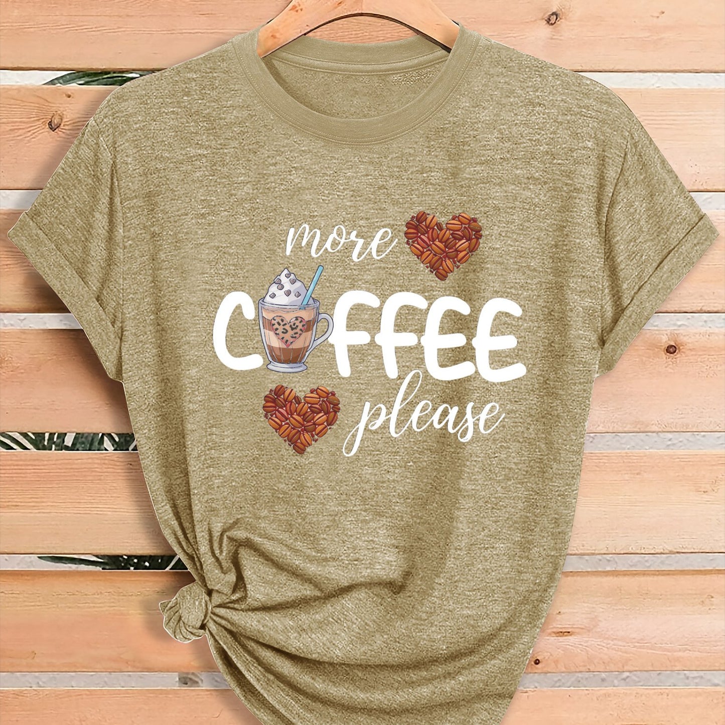 Women'S Coffee Lover Graphic T-Shirt - "More COFFEE Please" Print with Coffee Beans & Heart Eyes - Soft Stretch Round Neck Casual Streetwear Top for Gym, Casual Attire & Coffee Shop Outfits - All-Season Comfort Fit Tee, Coffe