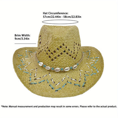 Women Summer Western Cowgirl Hat Bead Belted Wide Brim Straw Beach Cap