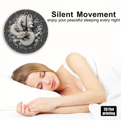 1pc Asian-Inspired Dragon Wall Clock - 9.8 Inch Round Wooden Silent Non-Ticking Clock with Golden Hands & Black Face, White Dragon Art for Home Office Decor, Birthday/Chinese New Year/Housewarming Gift (Battery Not Included)