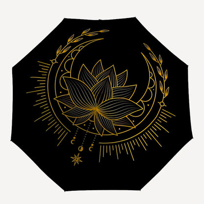 1pc Lotus Mandala Automatic Open/Close Folding Compact Umbrella - 8-Rib Sturdy Canopy, Lightweight Portable, Durable Plastic & Iron Construction, Elegant Black & Golden Design for Daily Commute, Travel, Outdoor Use - Fashiona