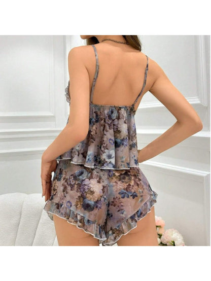 European and American new underwear sexy Women's mesh printing floral pajamas nightdress set