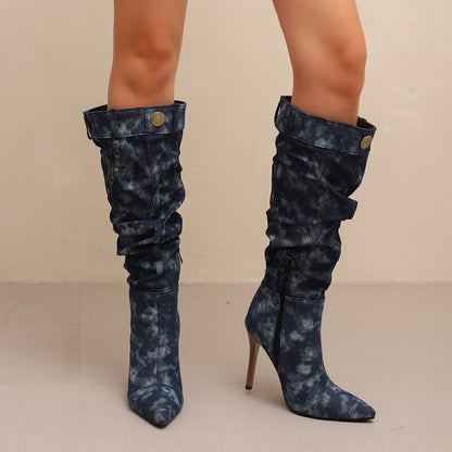 Women'S PU Cover Knee-High Boots with Studded Stiletto Heel, Pointed Toe & Slouchy Half-Zipper Closure - Ruched High Heel, Calf-to-Knee Length, Durable Rubber Sole - Versatile Western to Modern Booties for Casual to Formal Ev