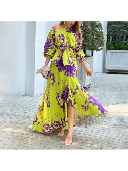2026 Spring New Temperament Elegant Print Long Sleeve Slanted Collar Loose Dress Spring Spring Wear Spring Fashion Women's Spring and Summer Dresses Spring and Summer Dresses Women's Dresses Suitable for Bridesmaids Prom Outf