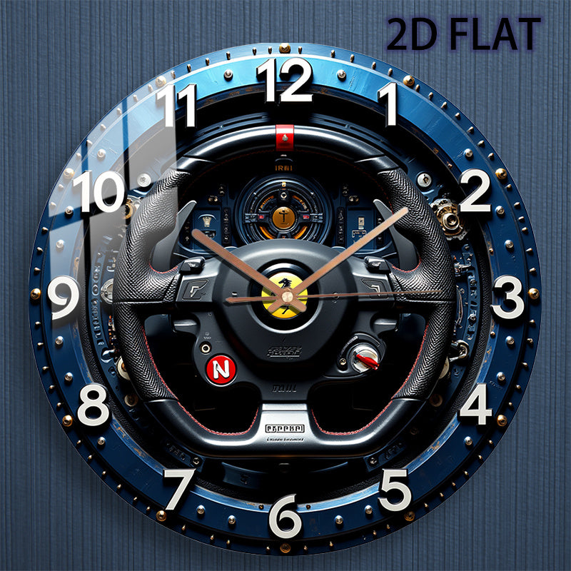 12-Inch Racing Car Steering Wheel Wall Clock - Silent Quartz Movement, Black & Yellow with Red N Emblem & Metallic Accent - Glass Round Clock for Home, Garage, Office, for Man Cave Decor - Ideal Gift for Motorsport Fans (AA B