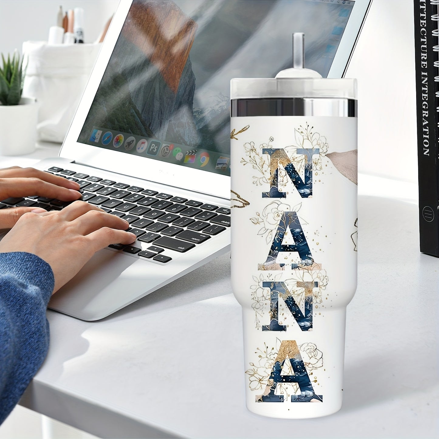 1pc 30oz Floral NANA Stainless Steel Insulated Tumbler with Lid & Straw, Double-Wall Vacuum Insulated Cup for Hot & Cold Drinks, Perfect for Outdoor Travel, Birthday & Holiday Gifts, Travel Drinkware | Floral Pattern Tumbler