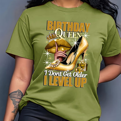 Birthday Queen Printed Women'S T-Shirt - Casual Crew Neck, Short Sleeve Top with High Heels & Crown Design, Perfect for Spring/Summer Celebrations, Birthday Party Apparel | Festive Design | Golden Crown Graphic, Birthday Part