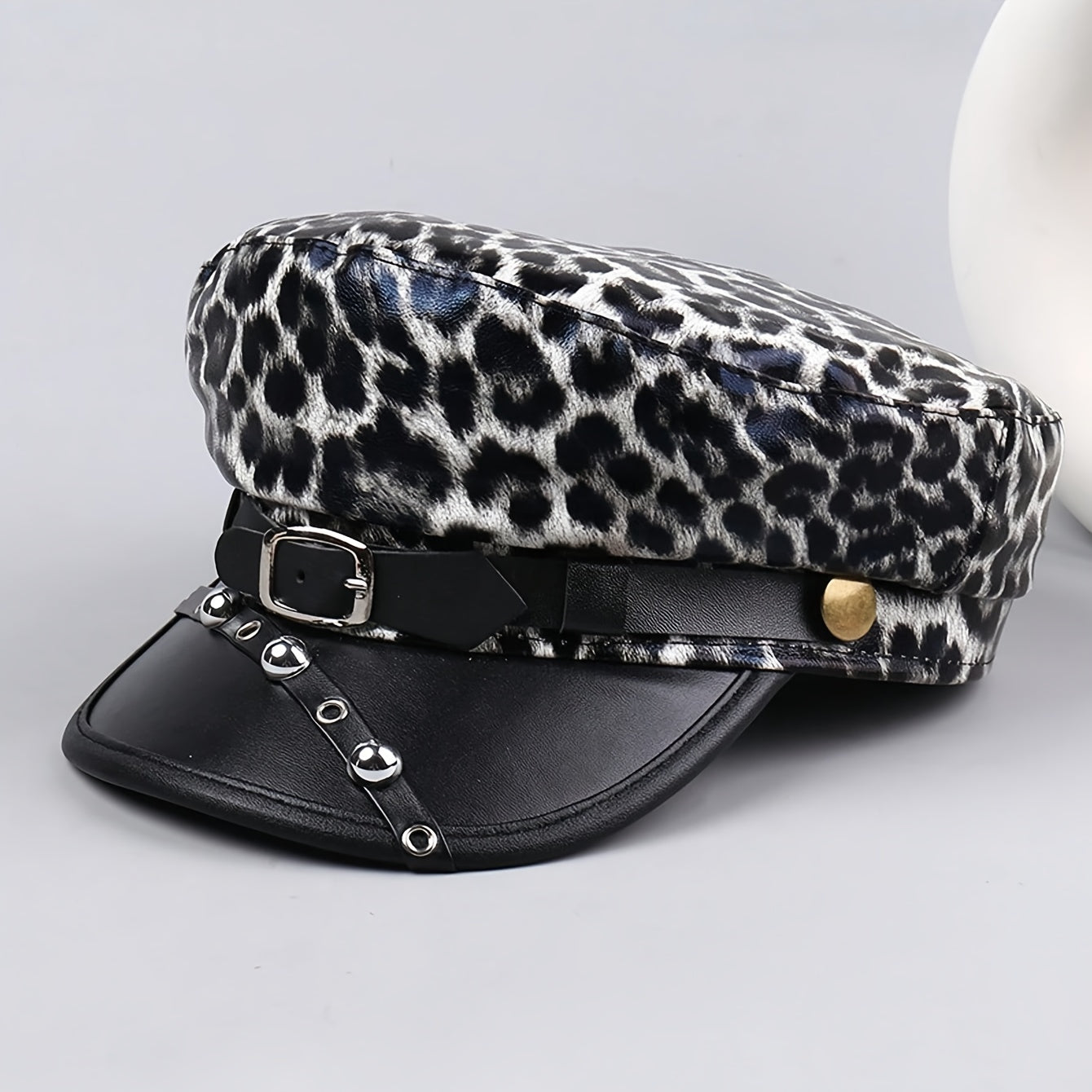 Women's Punk Vintage Distressed PU Leather Beret Newsboy Cap with Metal Rivets & Leather Buckle - Leopard Print (Black/Pink) Navy Blue, Golden-Tone Hardware, Lightweight Structured Fit for Graduation, Themed Parties & Everyda