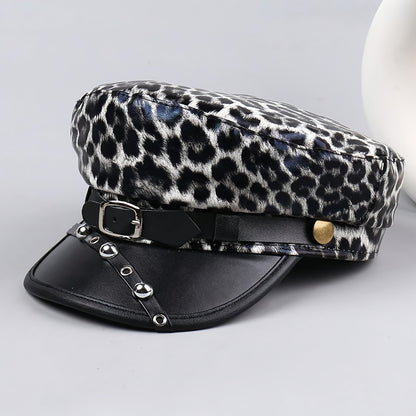 Women's Punk Vintage Distressed PU Leather Beret Newsboy Cap with Metal Rivets & Leather Buckle - Leopard Print (Black/Pink) Navy Blue, Golden-Tone Hardware, Lightweight Structured Fit for Graduation, Themed Parties & Everyda