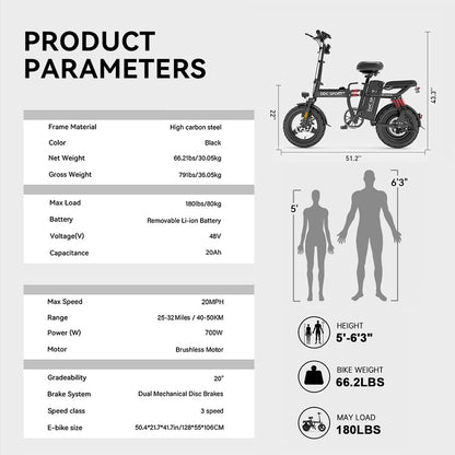 M1 Electric Bike For Adults,32 Miles Range,700W peak motor,20MPH Speed, 48V 20Ah Removable Battery, Dual Disc Brakes, Front And Rear Suspension & Commuter EBike, 14'' all-purpose tire, LCD Mileage Display