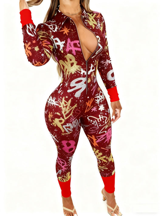 Women'S 4-Season Long Sleeve Jumpsuit | Zipper Design, Lightweight Style with Cute Animal Print, Perfect for Daily Outings & Casual Wear