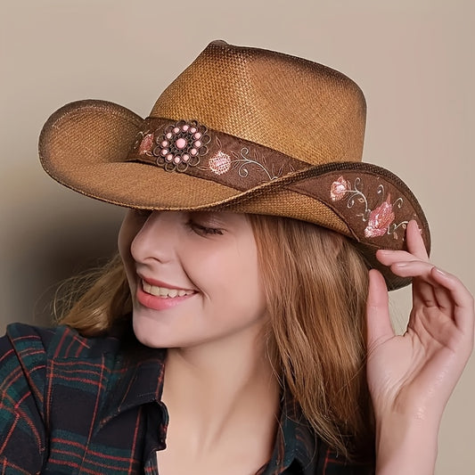 Women'S Western Cowboy Hat, Embroidered Natural Straw, Sunscreen, Drawstring Closure, Non-stretching, Hand Washable - Ideal For Summer And May Day Celebrations