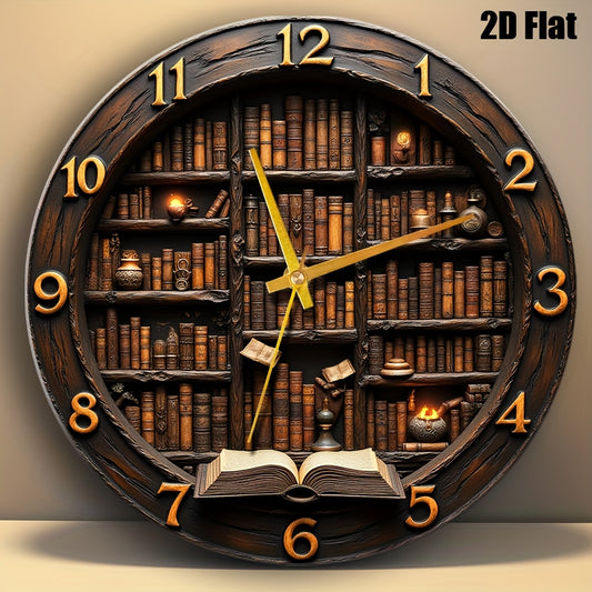 1pc Library Nook Style Tempered Glass Wall Clock 12x12 Inch - Vintage Bookshelf Design with Open Book Hands, Fantasy Theme Home Office Decor for Book Lovers, Housewarming & Wedding Gift (Battery Not Included), Whimsical Desig